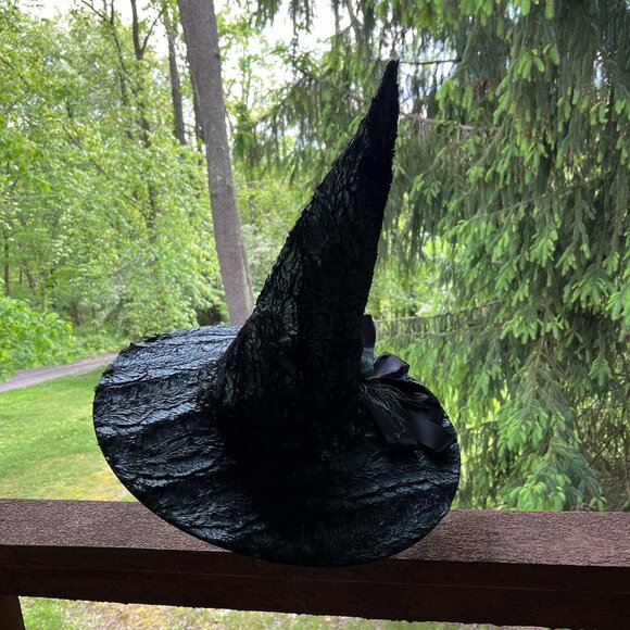 One-of-a-Kind Handmade Teal & Black Witch's Hat w/Decorative Flower & Black Bow - Picture 6 of 13